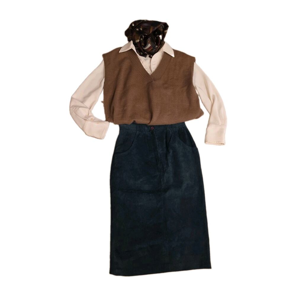 Vintage 80s Suede Skirt Outfit Bundle Dark Academia Madewell Blouse Silk Scarf